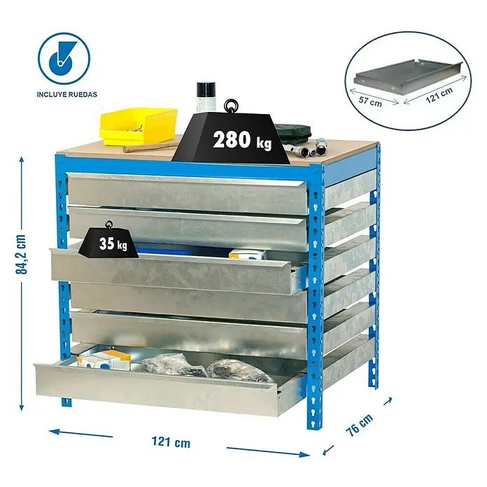 Simonrack Simonwork Banco de trabajo BT5 Box Mobile - L x An: 76 x 120 cm, Altura de trabajo: 95 cm, Carga soportada: 280 kg, Azul - Armario de herramientas azul con cajones y una capacidad de carga máxima de 280 kg.