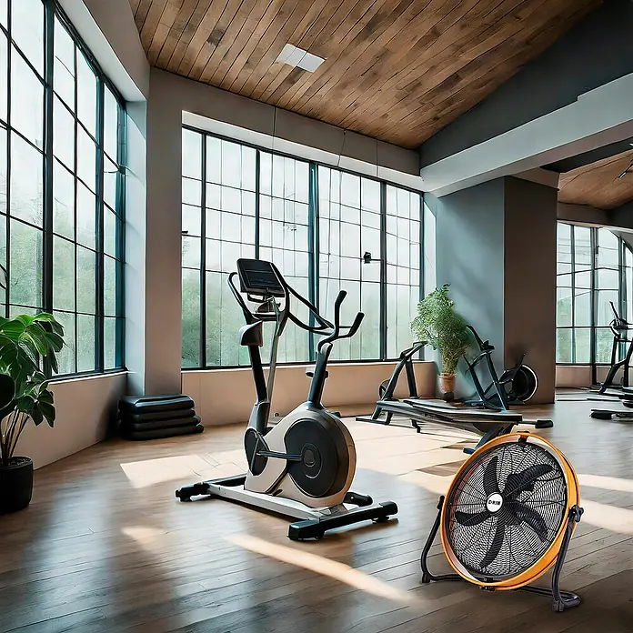 HJM Ventilador de suelo FE593 - 120 W, Negro / Naranja, 50 cm - Un ventilador con borde amarillo se encuentra en un gimnasio junto a una elíptica, prometiendo una brisa refrescante durante tu sesión de entrenamiento.