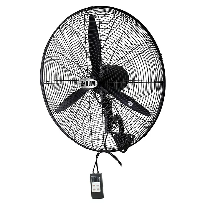 HJM Ventilador de pared para exterior VIP003MD - Negro, 75 cm, 210 W - Imagen de un ventilador HJM, con tres aspas y un control remoto, ideal para una mejor circulación del aire.