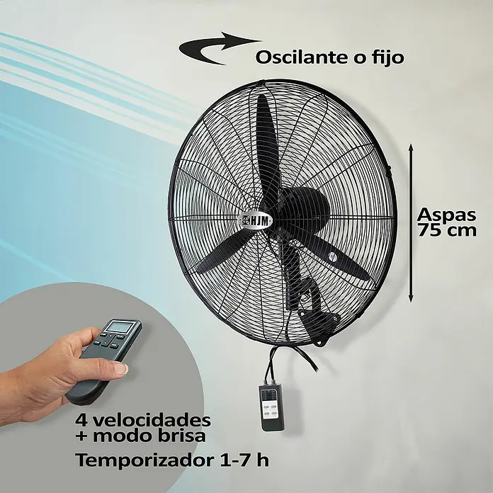HJM Ventilador de pared para exterior VIP003MD - Negro, 75 cm, 210 W - Imagen de un ventilador negro HJM de pared, con un control remoto para ajustar la velocidad y el temporizador.