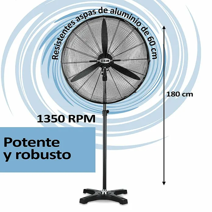 HJM Ventilador de pie Vis680 - Negro, 60 cm, 141 cm - 181 cm - Imagen de un ventilador potente y robusto con aspas de aluminio, alcanzando 1350 RPM, con una altura de 180 cm.