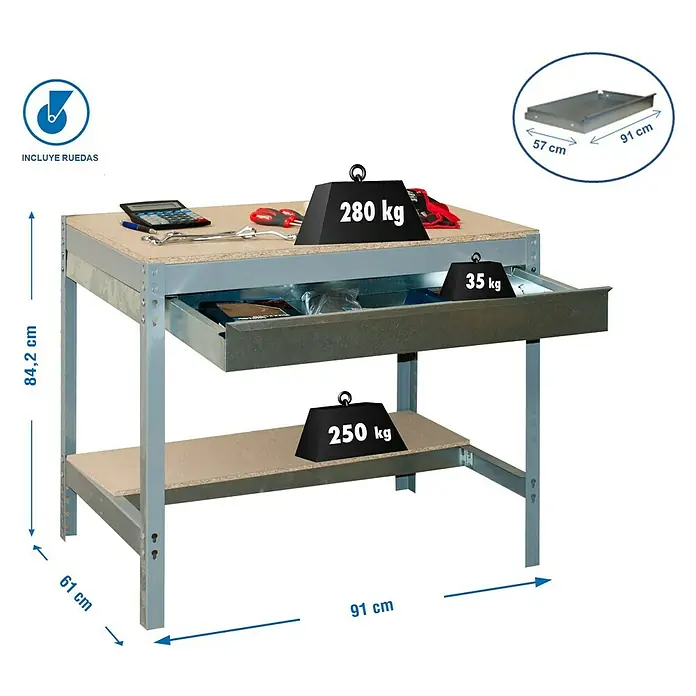 Simonrack Simonwork Banco de trabajo BT0 Box Mobile - L x An: 61 x 91 cm, Altura de trabajo: 91,7 cm, Carga soportada: 120 kg, Gris - Imagen de un banco de trabajo con cajón y estante, con indicaciones de peso y etiquetas de dimensiones, ideal para talleres.