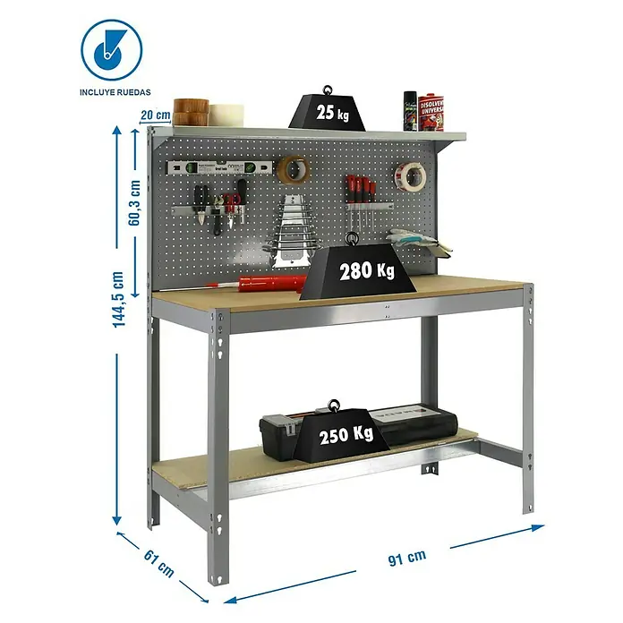 Simonrack Simonwork Banco de trabajo BT3 Mobile - L x An: 61 x 91 cm, Altura de trabajo: 152 cm, Carga soportada: 120 kg, Gris - Imagen de un banco de trabajo con unas dimensiones de 144,5 cm de alto, 91 cm de ancho y 61 cm de profundidad. Carga máxima: 280 kg en la superficie.