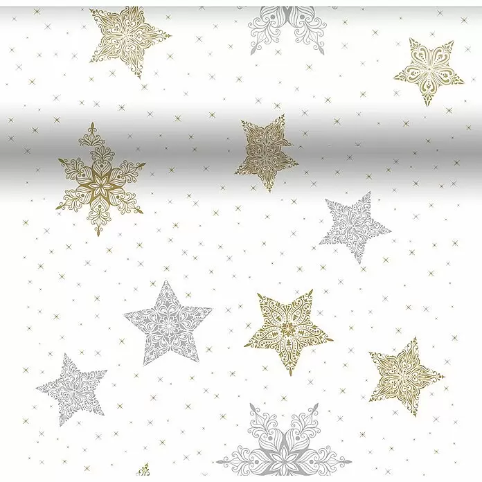 Duni Tischläufer 3 in 1 - 4,8 x 0,4 m, Snowstars, Weiß - Festliches Muster aus goldenen und silbernen Ziersternen und Schneeflocken.
