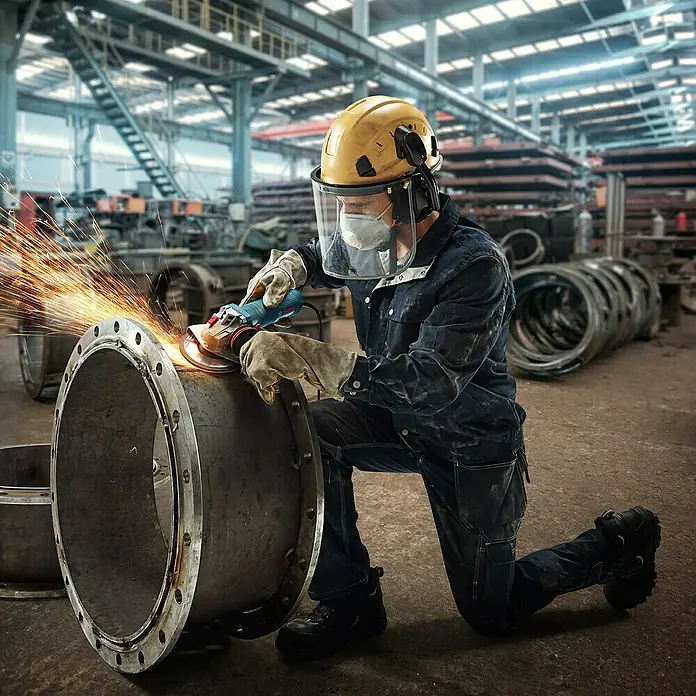 Bosch Professional Elektro-Winkelschleifer GWS 12-125 - 1.200 W, Durchmesser Scheibe: 125 mm - Ein Arbeiter in Schutzkleidung schleift ein Metallrohr mit einer Schleifmaschine, wobei Funken sprühen. Schutzausrüstung ist wichtig bei solchen Arbeiten.