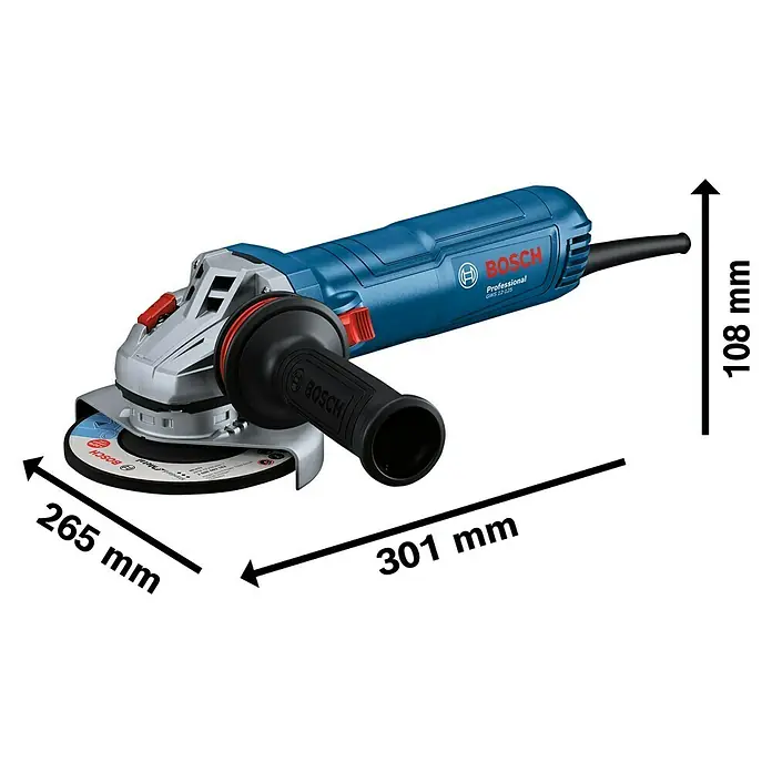 Bosch Professional Elektro-Winkelschleifer GWS 12-125 - 1.200 W, Durchmesser Scheibe: 125 mm - Produktabbildung eines blauen Bosch Professional GWS 12-125 Winkelschleifers mit den Abmessungen 265 mm, 301 mm und 108 mm.
