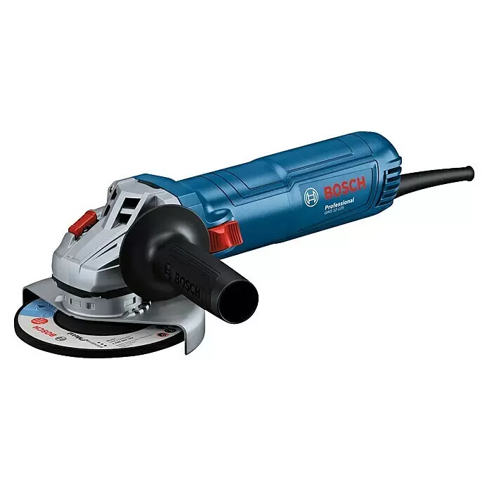 Bosch Professional Elektro-Winkelschleifer GWS 12-125 - Durchmesser Scheibe: 125 mm, Leerlaufdrehzahl: 0 U/min - 11.000 U/min - Blau-silberner Bosch Professional Winkelschleifer mit schwarzem Zusatzgriff und Trennscheibe.