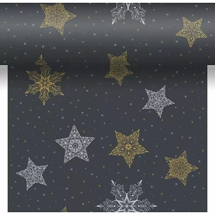 Duni Tischläufer 3 in 1 - 4,8 x 0,4 m, Snowstars, Schwarz - Dunkle Tapete mit metallischen gold- und silberfarbenen Ornamentsternen und Schneeflocken, oben gerollt.