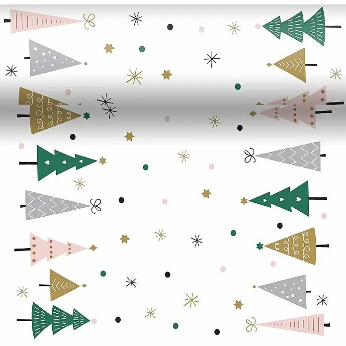 Duni Tischdecke 3 in 1 - 4,8 x 0,4 m, Noel Trees - Festliches Muster mit stilisierten Weihnachtsbäumen in Rosa, Grau, Gold und Dunkelgrün, akzentuiert mit Sternen, Schneeflocken und Punkten.