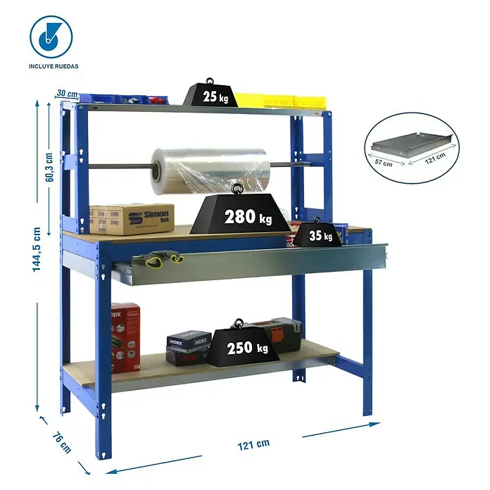 Simonrack Simonwork Banco de trabajo BT4 Box Mobile - L x An: 76 x 121 cm, Altura de trabajo: 144,5 cm, Carga soportada: 120 kg, Azul - Imagen de una mesa de embalaje azul robusta con dos niveles, cargable hasta 280 kg, ideal para taller y almacén.