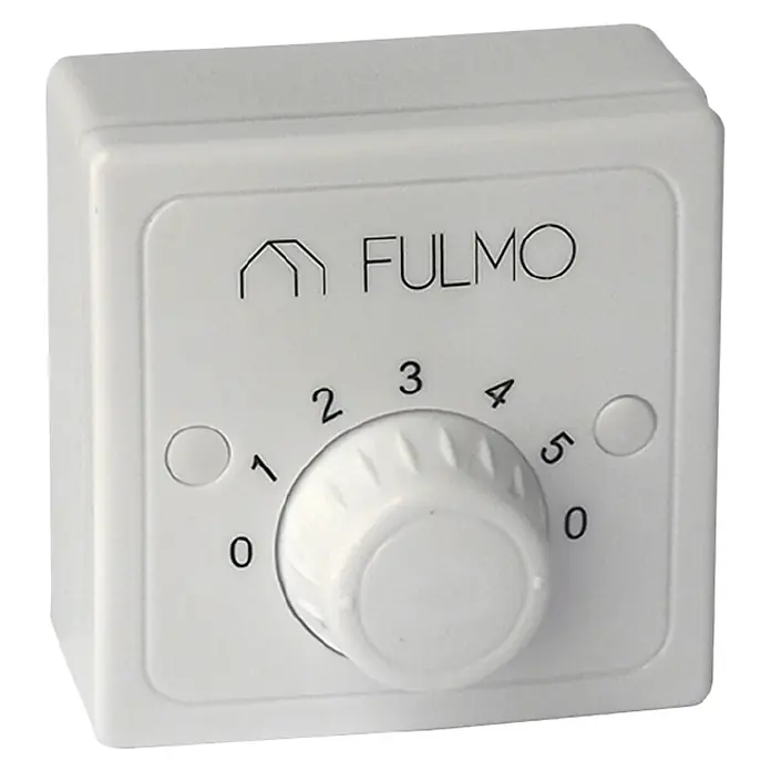 Fulmo Ventilador de techo Levante - Blanco, 120 cm, 60 W - Primer plano de un termostato Fulmo blanco con perilla de ajuste y números del 0 al 5.