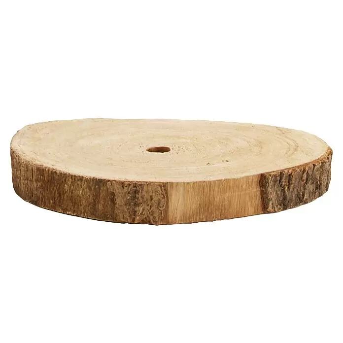 Baumscheibe - Durchmesser: 20 cm, Natur - Ovale Holzscheibe mit sichtbaren Jahresringen und Rinde, mit einem Mittelloch.
