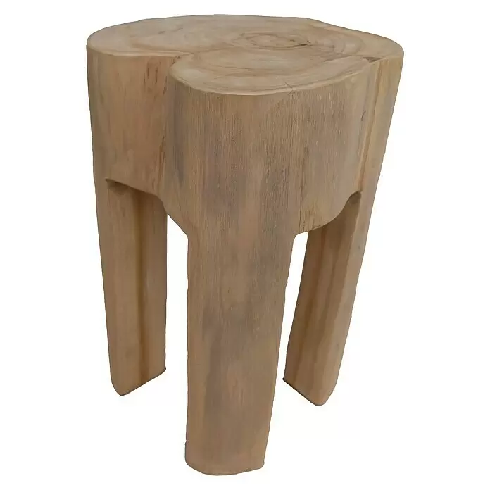 Hocker - Teak, Unbehandelt, Ø x H: 28 x 40 cm - Natürlicher Hocker/Beistelltisch aus hellem Holz mit drei geschnitzten Beinen und sichtbarer Maserung.