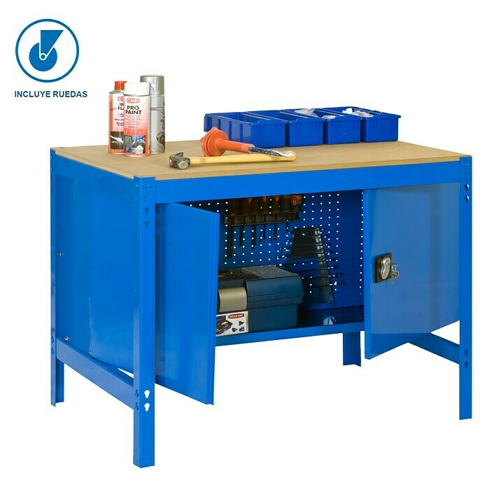 Simonrack Simonwork Banco de trabajo BT0 Locker Mobile con panel 40 cm (L x An: 76 x 120 cm, Altura de trabajo: 95 cm, Carga soportada: 120 kg, Azul) | BAUHAUS
