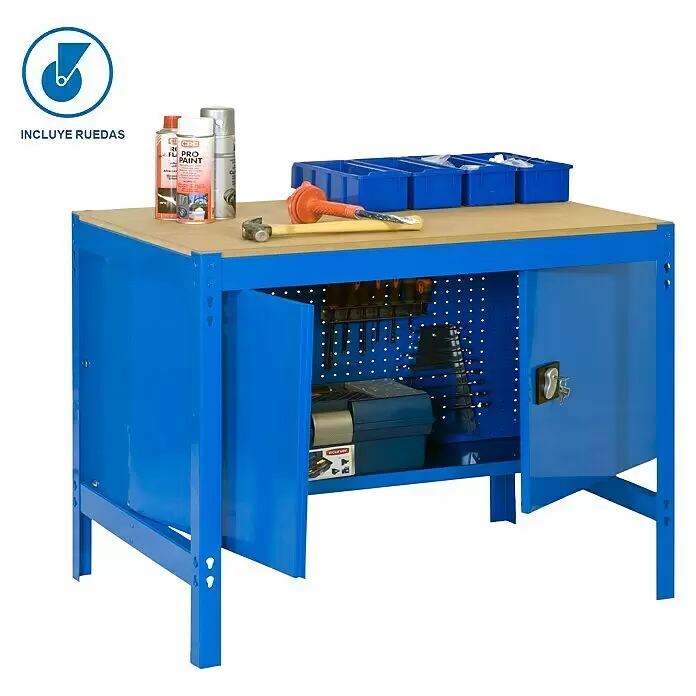 Simonrack Simonwork Banco de trabajo BT0 Locker Mobile con panel 40 cm - L x An: 76 x 120 cm, Altura de trabajo: 95 cm, Carga soportada: 120 kg, Azul - Banco de trabajo metálico azul con tablero de madera, armario con cerradura y panel perforado. Incluye ruedas.