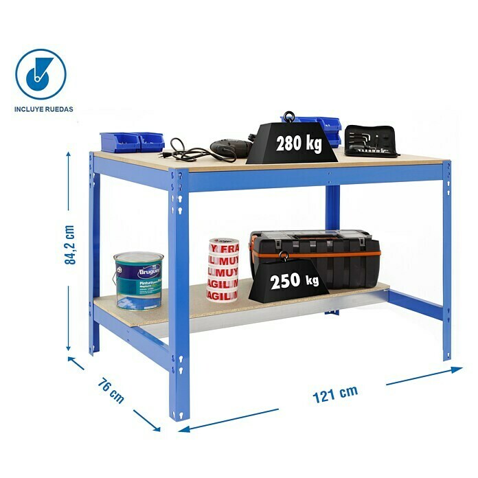 Simonrack Simonwork Banco de trabajo BT0 Mobile con panel 60 cm (L x An: 76 x 120 cm, Altura de trabajo: 95 cm, Carga soportada: 280 kg, Azul) | BAUHAUS