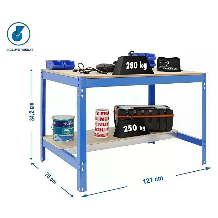 Simonrack Simonwork Banco de trabajo BT0 Mobile con panel 40 cm - L x An: 76 x 120 cm, Altura de trabajo: 95 cm, Carga soportada: 280 kg, Azul - Banco de trabajo metálico azul con estantes de madera, incluye ruedas. Capacidad superior 280kg, inferior 250kg.