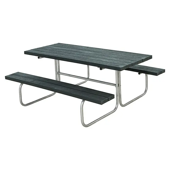 Plus Sitzgruppen-Set Classic - Grau, Stahl/ReTex, 6 Personen, ohne Rückenlehne - Bild einer robusten Picknickbank mit Tischplatte in Holzoptik und silberfarbenem Metallgestell, ideal für den Außenbereich.