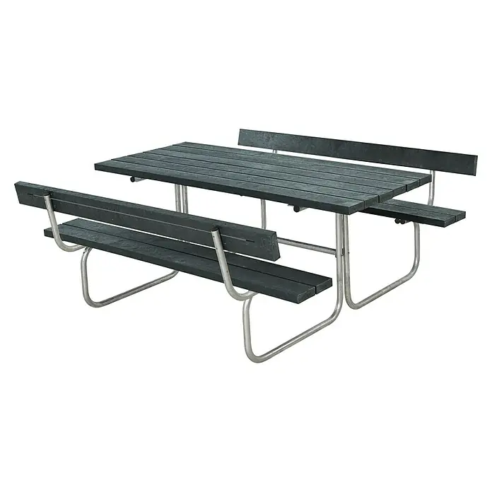Plus Sitzgruppen-Set Classic - Grau, Stahl/ReTex, 6 Personen, mit Rückenlehne - Ein stilvoller Picknicktisch mit integrierten Bänken und Rückenlehnen, ideal für entspannte Stunden im Freien. Das Design ist modern und einladend.