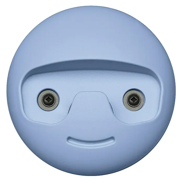 Häfele Gancho para colgar - Diámetro: 119,3 mm, Lila - Primer plano de un objeto redondo azul que se asemeja a una cara, con tornillos como ojos y una sonrisa.