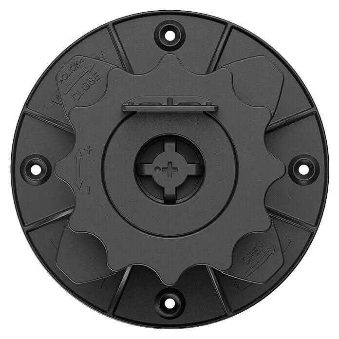 Langfit Stelzlager-Adapter Dielenanschlag - 10 Stk., Kunststoff - Dunkelgraue Kunststoff-Sockelplatte mit zentralem Zahnradmechanismus zur Höhenverstellung, Schraublöchern und 'OPEN/CLOSE'-Markierungen.