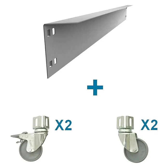 Simonrack Simonwork Kit de accesorios - Gris, Largo: 150 mm, 5 pzs. - Imagen del producto con un ángulo de chapa metálica con ruedas para crear un componente móvil. Las ruedas están diseñadas para facilitar el transporte y la maniobrabilidad.