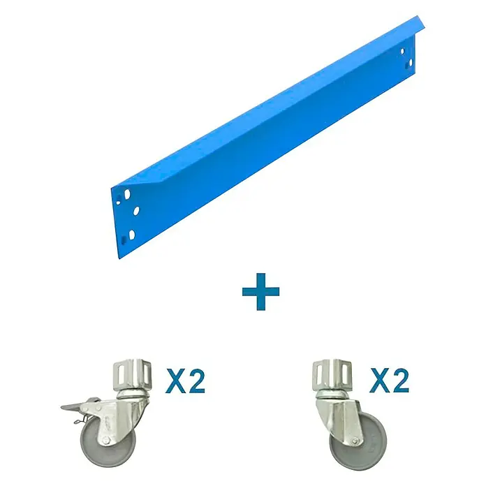 Simonrack Simonwork Kit de accesorios - Azul, Largo: 120 cm, 5 pzs. - Imagen del producto que muestra un riel metálico azul y cuatro ruedas grises. Estos se combinan con un signo más, lo que sugiere un montaje.