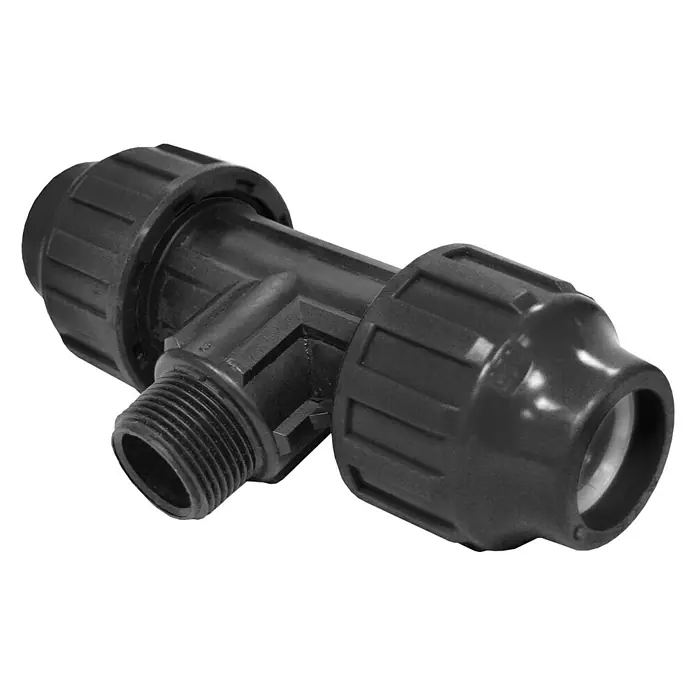 Te PE rosca macho - 40 mm, 1¼'', Macho - Racord en T de plástico negro, un conector para tubos con extremos roscados y estriados para una fácil instalación.
