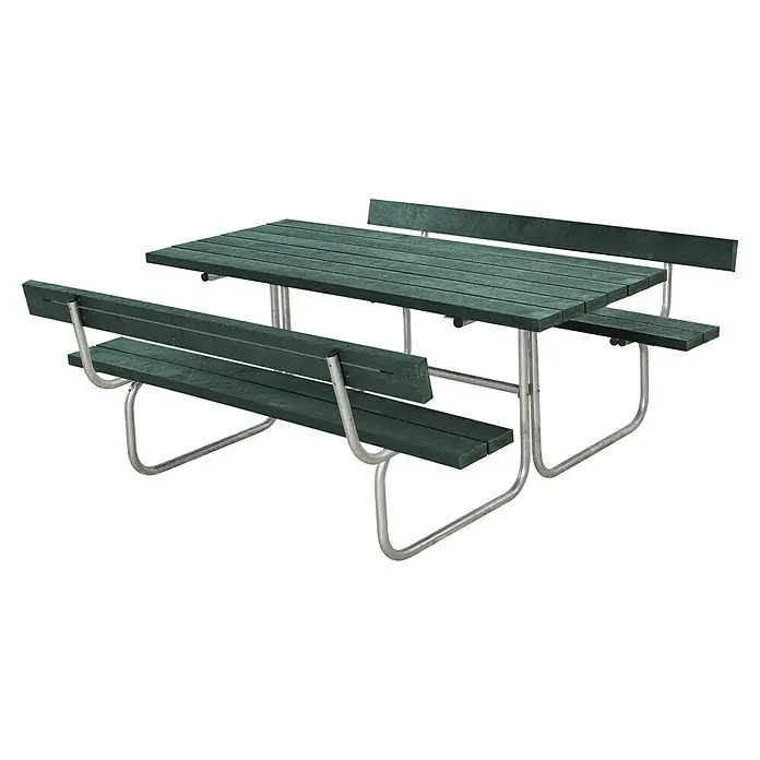 Plus Sitzgruppen-Set Classic - Grün, Stahl/ReTex, 6 Personen, mit Rückenlehne - Robuster Picknicktisch aus recyceltem Kunststoff mit Metallgestell. Ideal für Gärten, Parks und öffentliche Plätze.