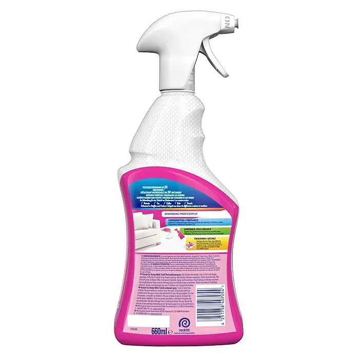 Vanish Gold Textilreiniger Multi - 660 ml, Sprühflasche - Produktansicht von Vanish Oxi Action Multi Textil Fleckenentferner Spray mit Anwendungshinweisen.