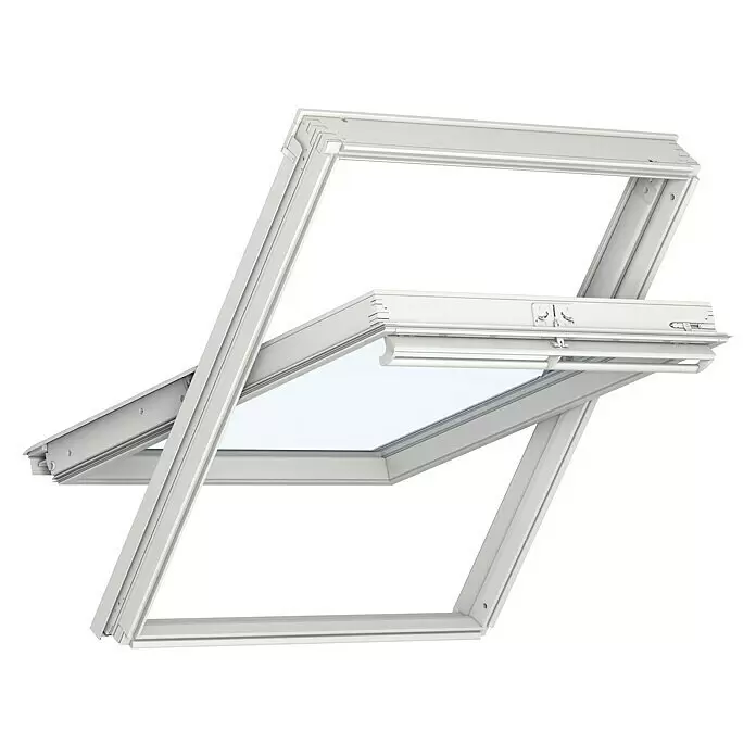 Velux Schwingfenster GGU CK02 0084 Energie - 55 x 78 cm - Weißes, teilweise geöffnetes Dachfenster.