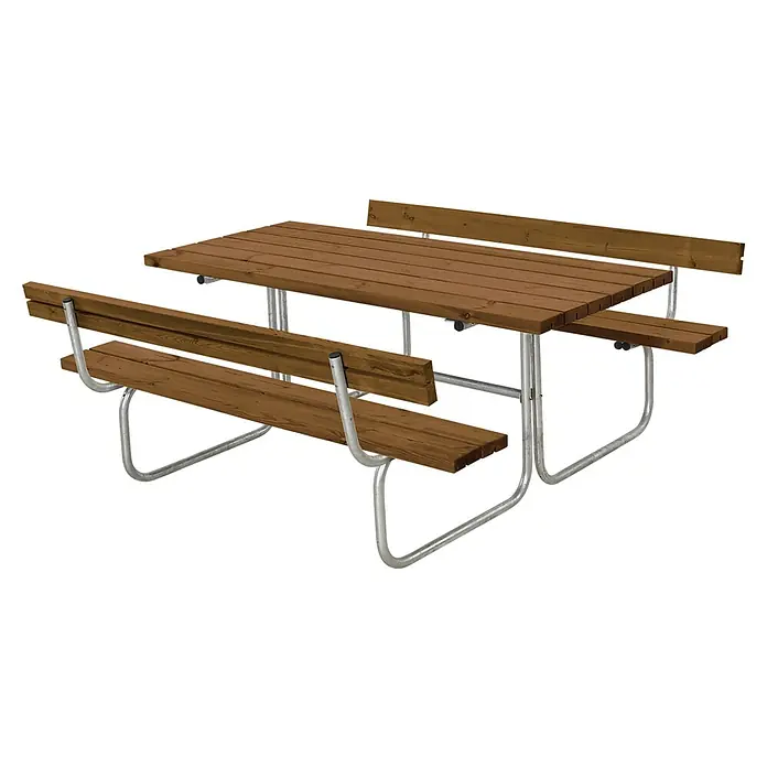 Plus Sitzgruppen-Set Classic - Teakfarben, Kiefer/Fichte & Stahl, 6 Personen, mit Rückenlehne - Ein robuster Picknicktisch aus Holz und Metall für den Außenbereich, ideal für Gärten und Parks. Die Sitzbänke sind mit Rückenlehnen versehen.