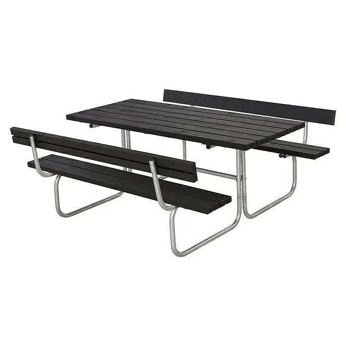Plus Sitzgruppen-Set Classic - Schwarz, Kiefer/Fichte & Stahl, 6 Personen, mit Rückenlehne - Eine robuste Picknicktischgarnitur mit dunklen Holzflächen und einem stabilen, silberfarbenen Metallgestell. Ideal für den Außenbereich.