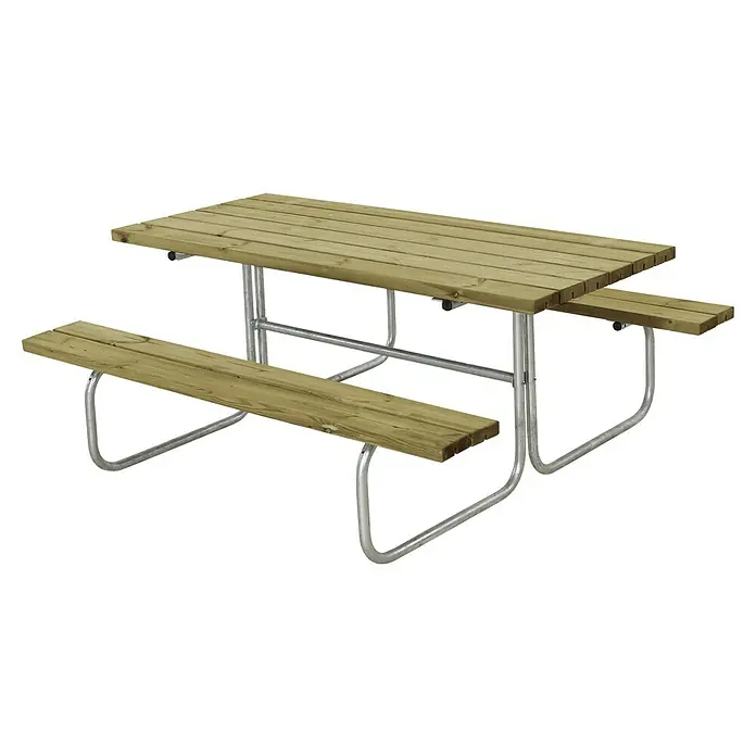 Plus Sitzgruppen-Set Classic - Natur, Kiefer/Fichte & Stahl, 6 Personen, ohne Rückenlehne - Holz-Picknicktisch mit stabilen Metallbeinen für den Außenbereich, ideal für Gärten und Parks. Robuste Konstruktion für lange Haltbarkeit.