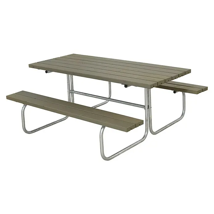 Plus Sitzgruppen-Set Classic - Graubraun, Kiefer/Fichte & Stahl, 6 Personen, ohne Rückenlehne - Abbildung eines Picknicktisches mit einer Tischplatte und Bänken aus grauem Holz auf einem Metallgestell, ideal für den Außenbereich.