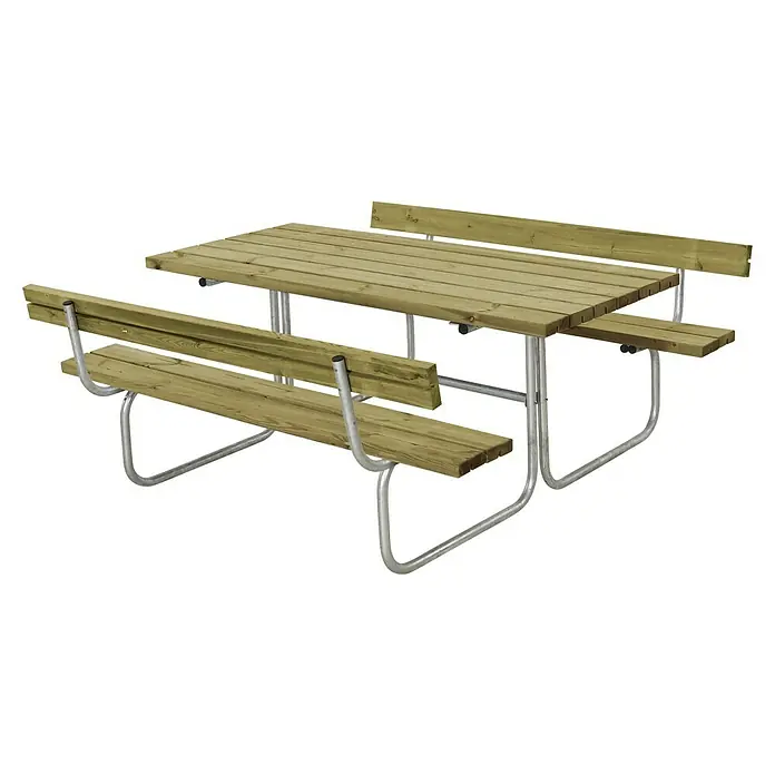 Plus Sitzgruppen-Set Classic - Natur, Kiefer/Fichte & Stahl, 6 Personen, mit Rückenlehne - Abbildung eines Picknicktisches mit Bänken und Rückenlehnen aus Holz und Metall. Der Tisch ist für den Einsatz im Freien konzipiert.