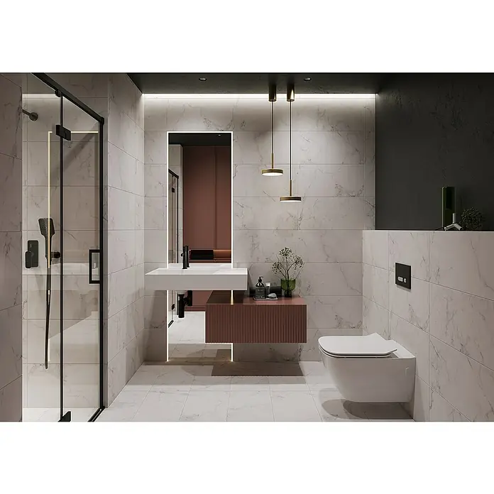 Feinsteinzeugfliese Ikarus - 29,8 x 59,8 cm, Weiß, Matt - Elegantes Badezimmer mit Marmorfliesen, Dusche mit schwarzem Rahmen und modernem Waschtisch mit Spiegel und Beleuchtung.