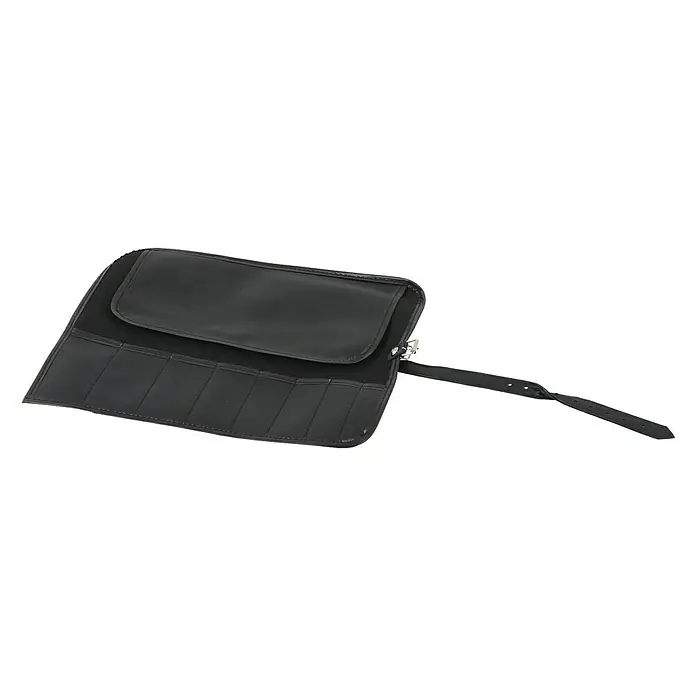 Hepco & Becker Werkzeugtasche Easy 7008 - Kunstleder, 8 Steckplätze - Eine schwarze Lederwerkzeugtasche mit mehreren Fächern und einem Riemen zum Verschließen. Ideal für die Aufbewahrung von Pinseln oder Messern.