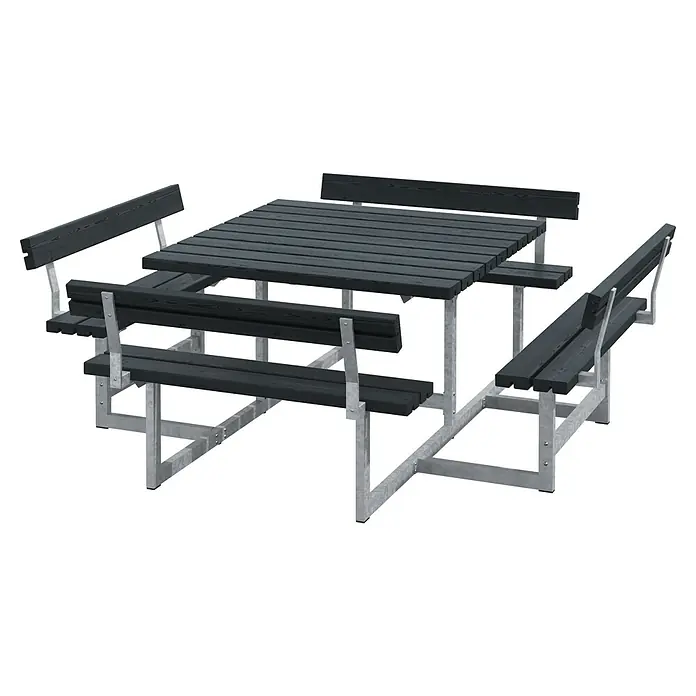 Plus Sitzgruppen-Set Picnic - Schwarz, Kiefer/Fichte & Stahl, Mit Rückenlehne - Das Bild zeigt eine quadratische Picknicktischgarnitur mit integrierten Bänken und Rückenlehnen, ideal für den Außenbereich.