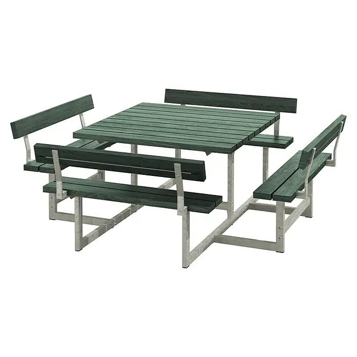 Plus Sitzgruppen-Set Picnic - Grün, Stahl/ReTex, 8 Personen, mit Rückenlehne - Das Bild zeigt einen robusten, grünen Picknicktisch mit integrierten Bänken und Rückenlehnen, ideal für den Außenbereich.
