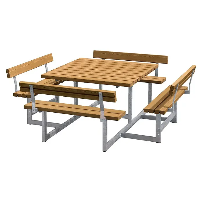 Plus Sitzgruppen-Set Picnic - Teakfarben, Kiefer/Fichte & Stahl, Mit Rückenlehne - Quadratischer Picknicktisch mit integrierten Bänken und Rückenlehnen, ideal für den Außenbereich. Robuste Konstruktion mit Holz und Metall.