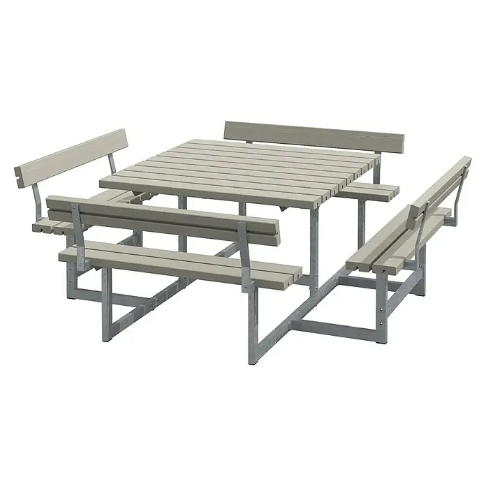 Plus Sitzgruppen-Set Picnic - Graubraun, Kiefer/Fichte & Stahl, Mit Rückenlehne - Ein einladender Picknicktisch mit Bänken, ideal für Mahlzeiten im Freien. Die robuste Konstruktion verspricht Langlebigkeit und Komfort.