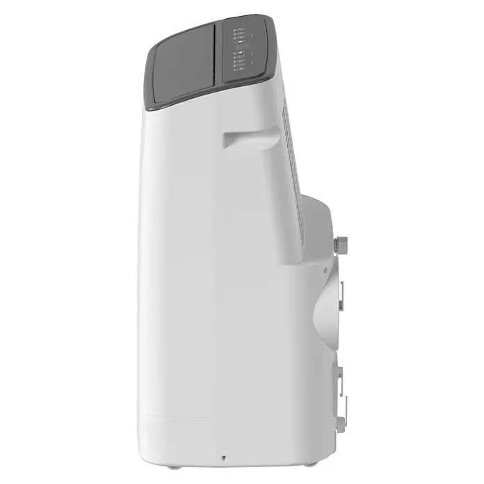 Voltomat Aire acondicionado portátil Yakutsk - 5.200 W, Tamaño de la estancia: 52 m², Blanco - Una vista lateral cercana de un aparato de aire acondicionado portátil blanco con una parte superior gris que destaca los controles.