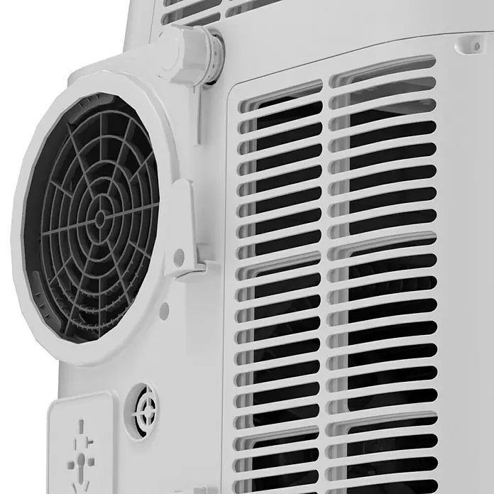 Voltomat Aire acondicionado portátil Yakutsk - 5.200 W, Tamaño de la estancia: 52 m², Blanco - Detalle de un aire acondicionado portátil que muestra el ventilador y las rejillas de ventilación. El diseño es moderno y funcional.