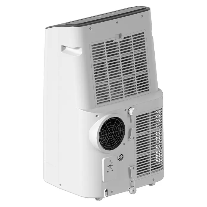 Voltomat Aire acondicionado portátil Yakutsk - 5.200 W, Tamaño de la estancia: 52 m², Blanco - Vista posterior de un aire acondicionado portátil en blanco, que muestra sus aberturas de ventilación y diseño del ventilador.