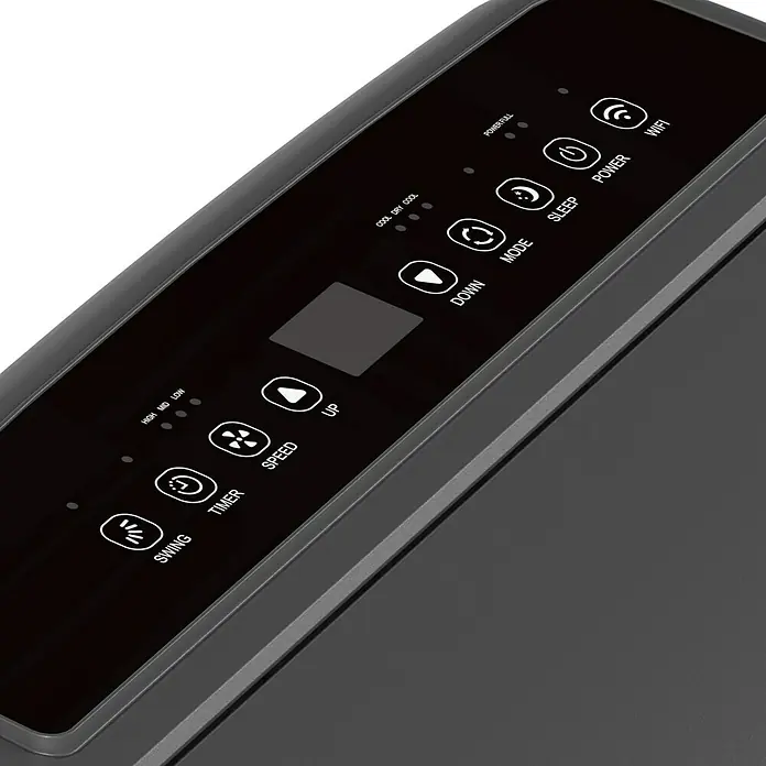 Voltomat Aire acondicionado portátil Yakutsk - 5.200 W, Tamaño de la estancia: 52 m², Blanco - Primer plano de los controles de un dispositivo con opciones como Swing, Timer, Speed, Up/Down, Mode, Power, Sleep y Wi-Fi.