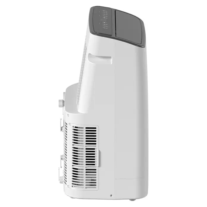 Voltomat Aire acondicionado portátil Yakutsk - 5.200 W, Tamaño de la estancia: 52 m², Blanco - Vista lateral de un aire acondicionado portátil blanco, con un panel de control gris en la parte superior y láminas de ventilación en el lateral.