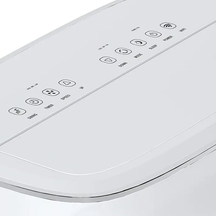 Voltomat Aire acondicionado portátil Hefesto - 3.500 W, Tamaño de la estancia: 35 m², Blanco - Primer plano de los controles de un moderno aire acondicionado portátil que muestra varias opciones de función y configuración.