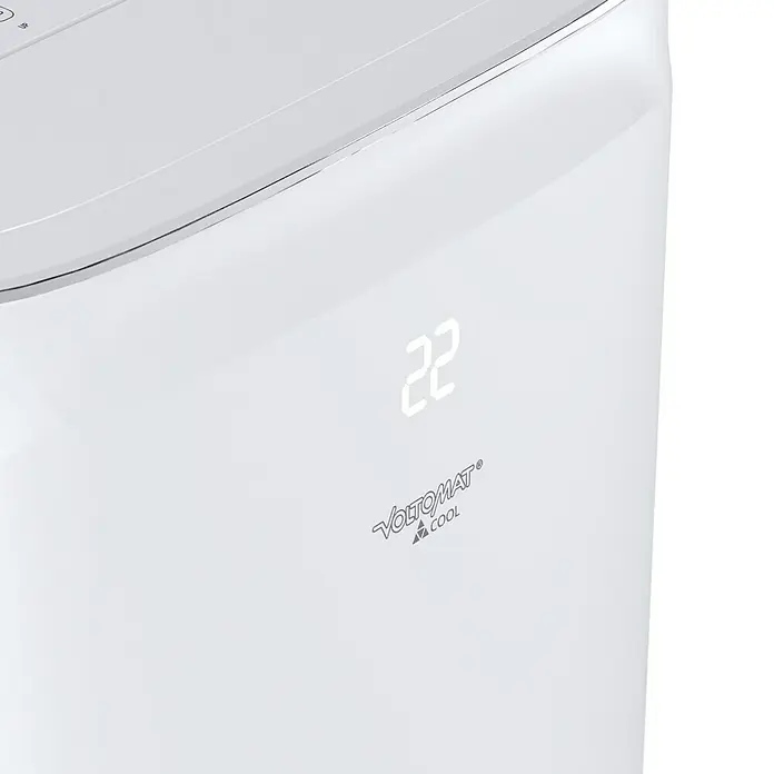 Voltomat Aire acondicionado portátil Hefesto - 3.500 W, Tamaño de la estancia: 35 m², Blanco - Primer plano de un aire acondicionado VOLTOMAT blanco con pantalla digital que muestra 22 grados y el logotipo "COOL".