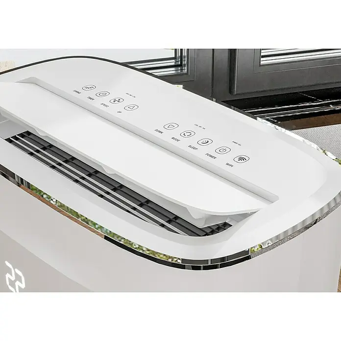 Voltomat Aire acondicionado portátil Hefesto - 3.500 W, Tamaño de la estancia: 35 m², Blanco - Primer plano de un aire acondicionado blanco con controles digitales y detalles brillantes.